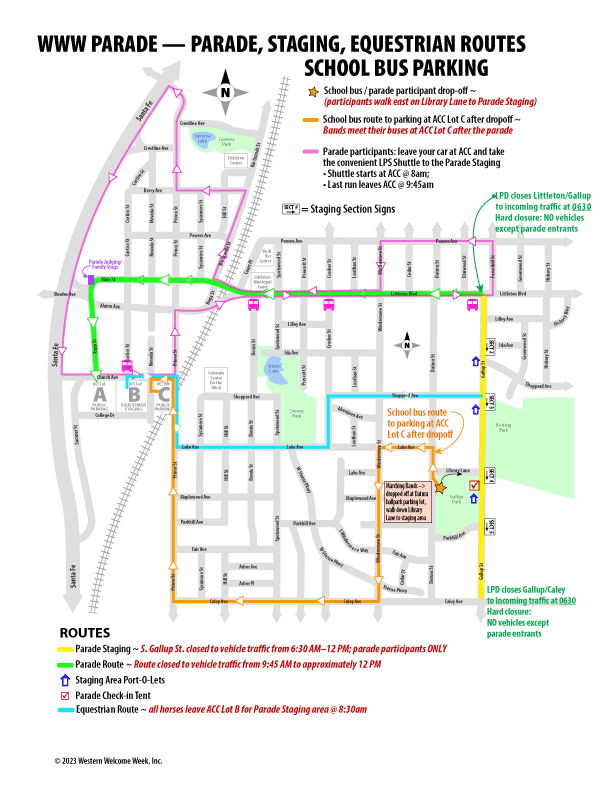Parade route, staging, shuttle, bus parking map.