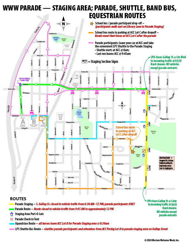 Parade route, staging, shuttle, bus parking map.