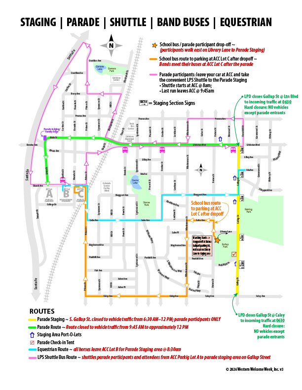 Parade route, staging, shuttle, bus parking map.