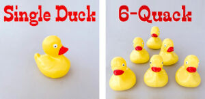 photo of a single rubber duck on the left side, and six ducks together on the right side.